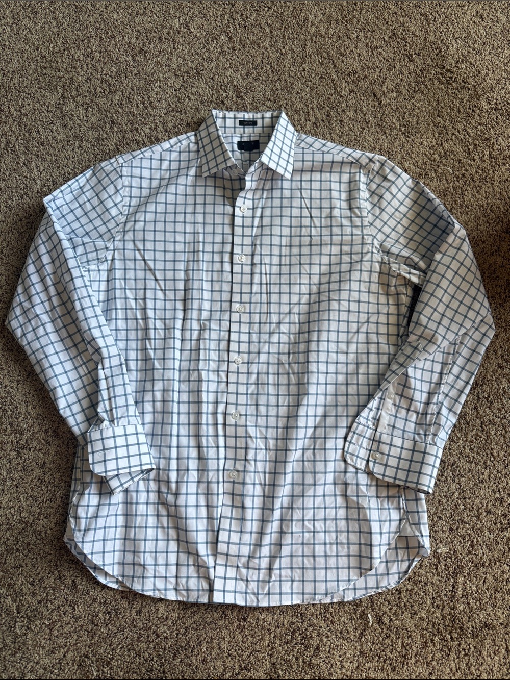 Men's J Crew Ludlow White Button-Down Shirt with Blue Windowpane Check Sz 16/34